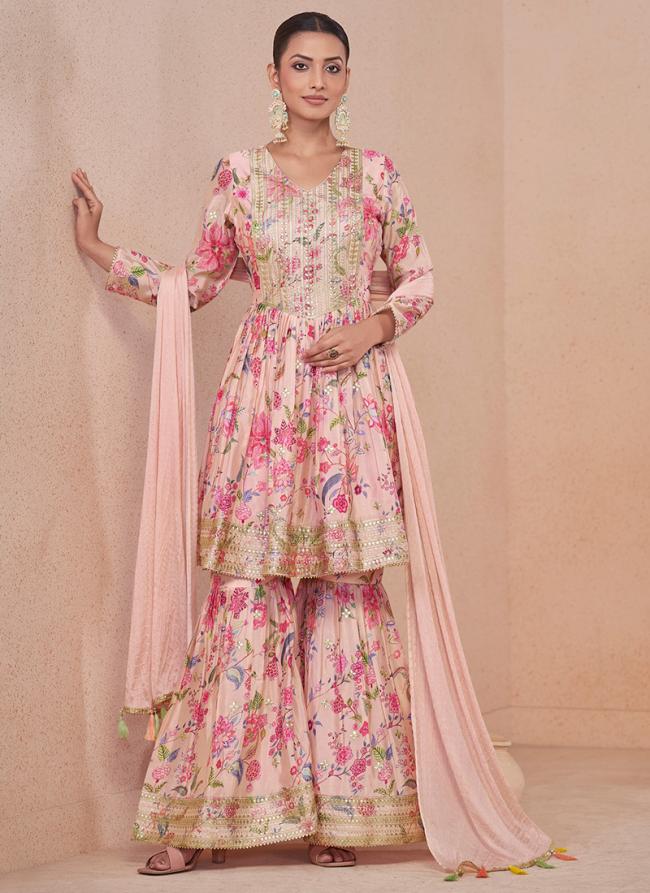 Real Chinnon Pink Wedding Wear Printed Readymade Sharara Suit